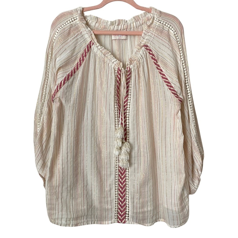 Miss June Paris Top Large‎ Cream Pink Boho Striped Tassel Metallic Embroidered